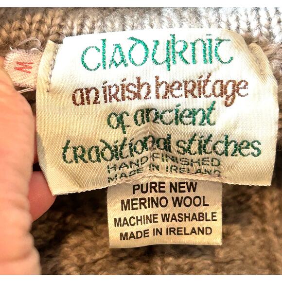 Cladyknit Irish Merino New Wool Cable Knit Cardigan Fisherman Sweater Collar Med - Picture 6 of 13